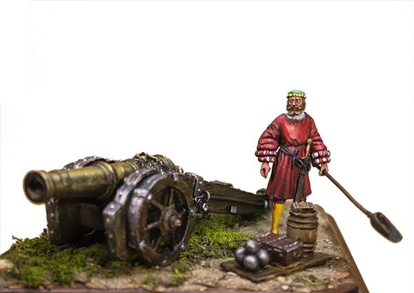 Olimp Models Landsknecht dělostřelec s kanónem 30liberní figurka