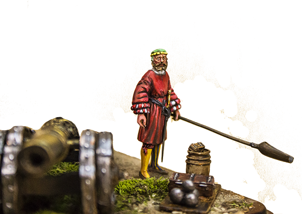 Olimp Models Landsknecht dělostřelec s kanónem 30liberní figurka