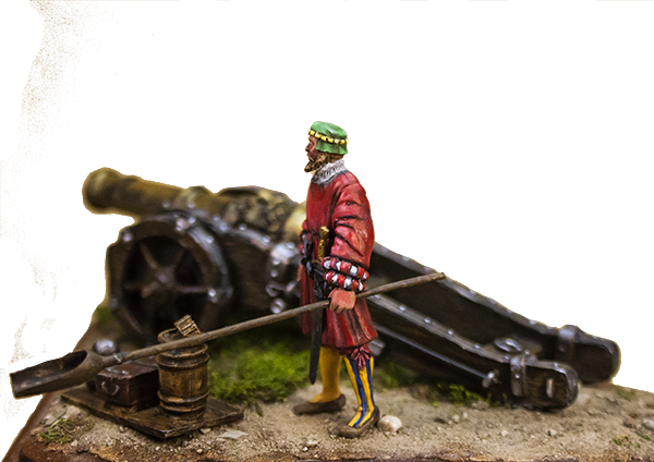Olimp Models Landsknecht dělostřelec s kanónem 30liberní figurka