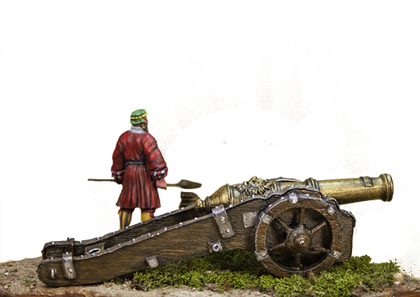 Olimp Models Landsknecht dělostřelec s kanónem 30liberní figurka